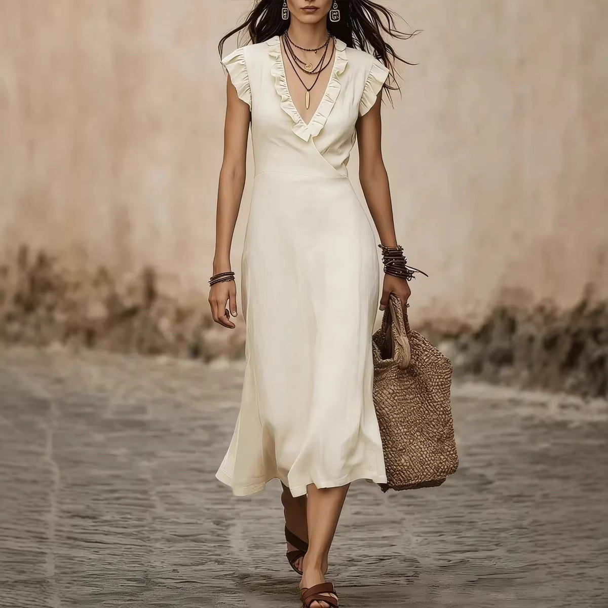 Women's V-Neck Flutter-Sleeve Ruffle-Trim Midi Dress