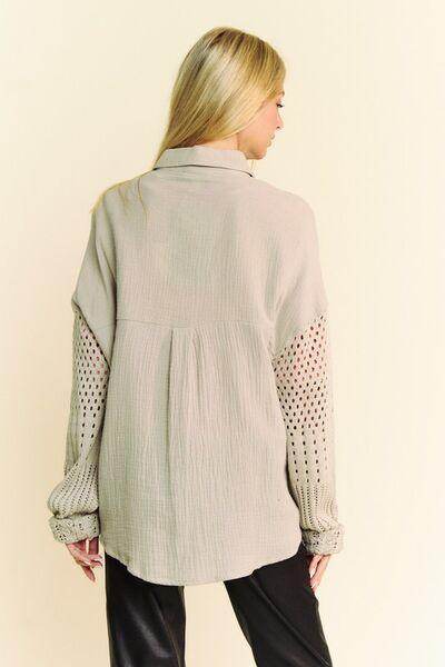 Davi & Dani Crochet Sleeve Crinkled Texture Shirt for Women