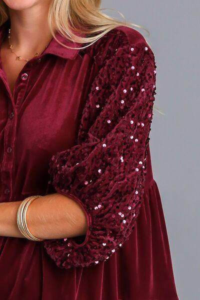 Umgee Sequin Detail Tiered Back Half Sleeve Shirt for Women