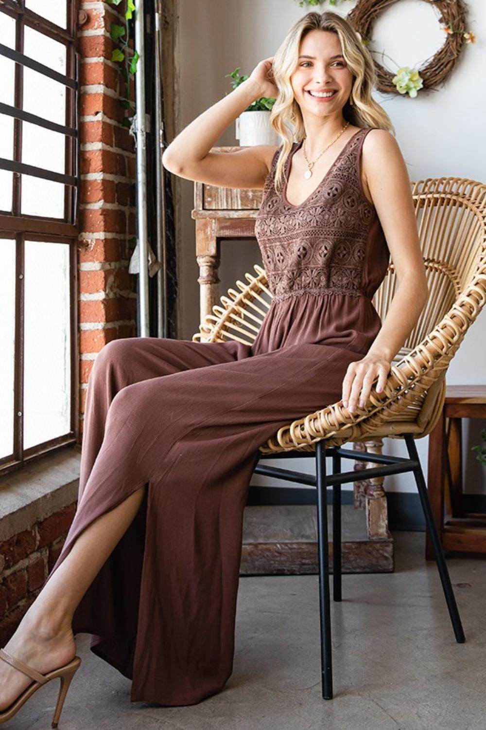 First Love Tie Back Sleeveless Slit Wide Leg Jumpsuit for Women