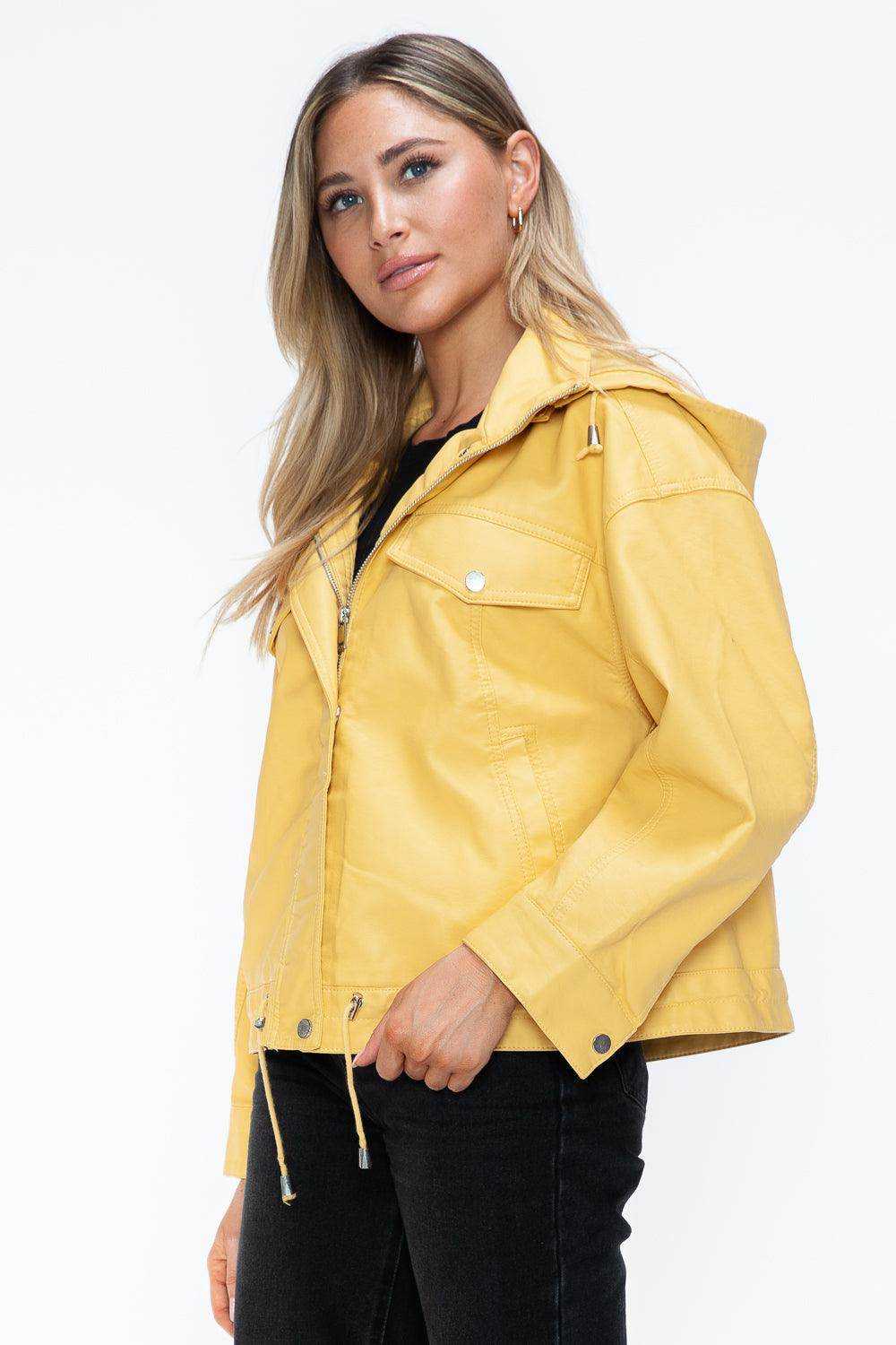 How Dare U Drawstring Hem PU Leather Zip Up Jacket for Women