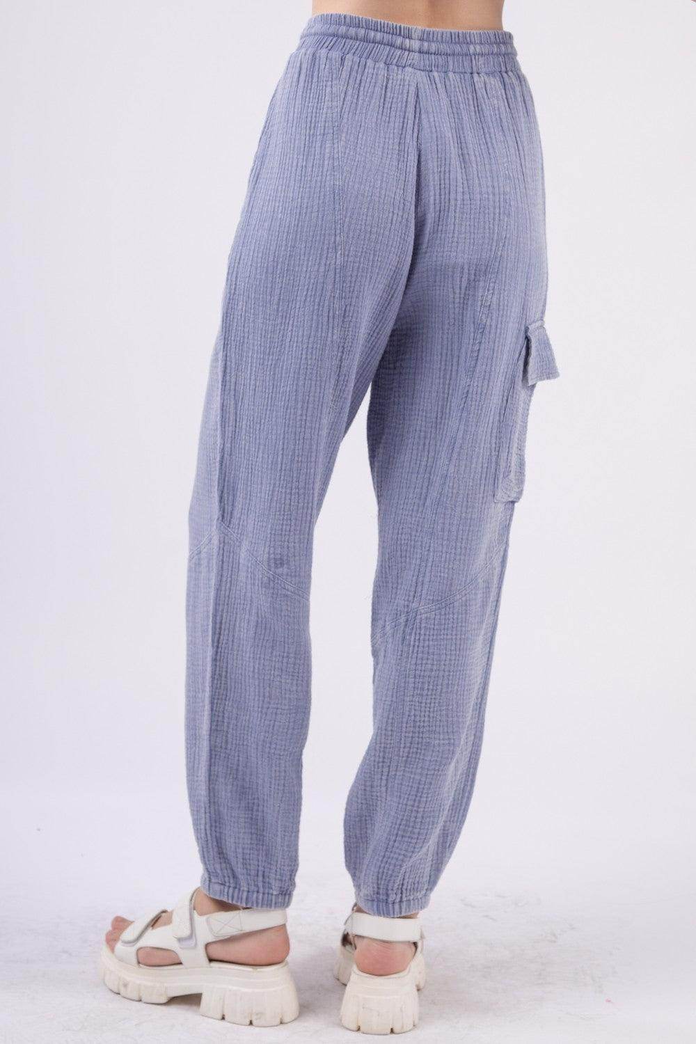 Very J Washed Woven Crinkle Gauze Cargo Pants for Women