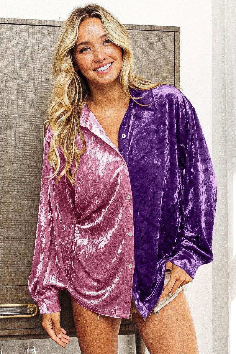 BiBi Contrast Button Up Long Sleeve Shirt for Women