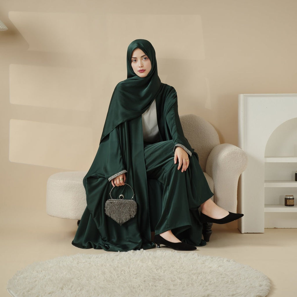 Abaya With Satin Shirt And Rhinestone Trousers | 4-Piece Set Abaya (MOA060)