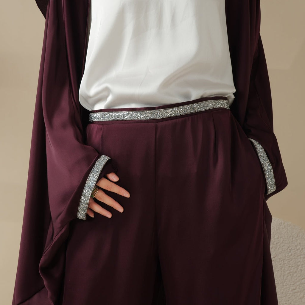 Abaya With Satin Shirt And Rhinestone Trousers | 4-Piece Set Abaya (MOA060)