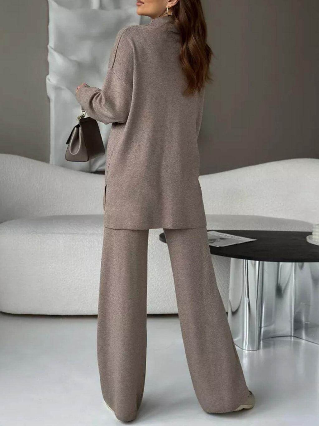 Slit Mock Neck Top and Pants Sweater Set for Women