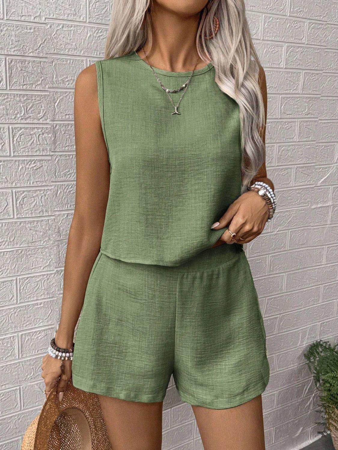 Round Neck Sleeveless Top and Shorts Set for Women