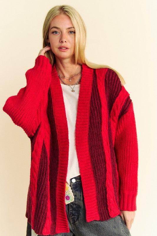Davi & Dani Cable-Knit Color Block Open Front Cardigan Cozy