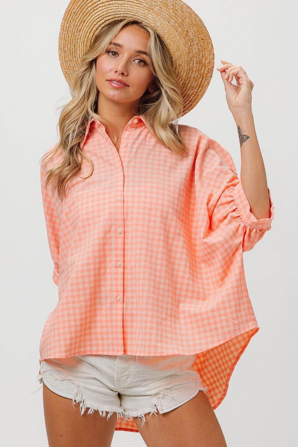 BiBi Plaid Button Up Dolman Sleeve Shirt for Women Fashion