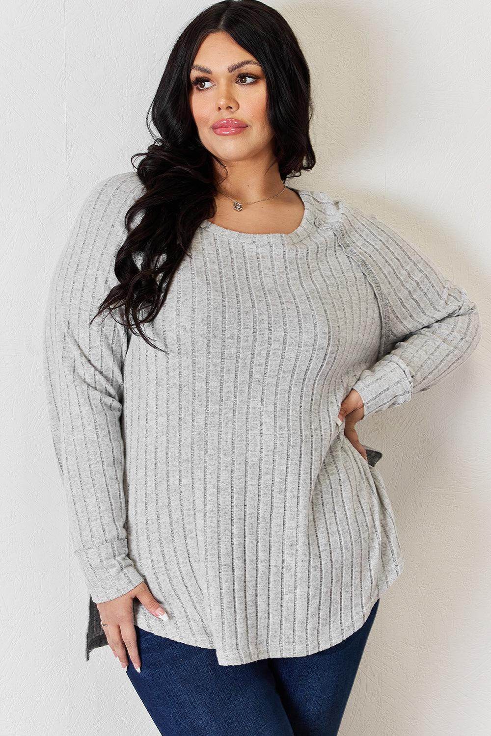 Basic Bae Full Size Ribbed Round Neck Slit T-Shirt for Women