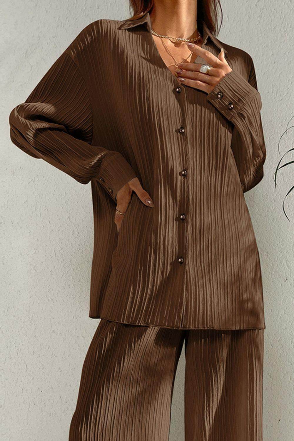 Johnny Collar Button Down Top and Pants Set for Women
