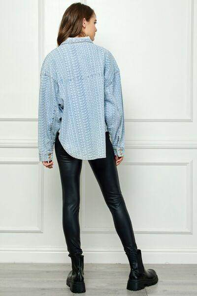 Veveret Button Up Dropped Shoulder Denim Top for Women