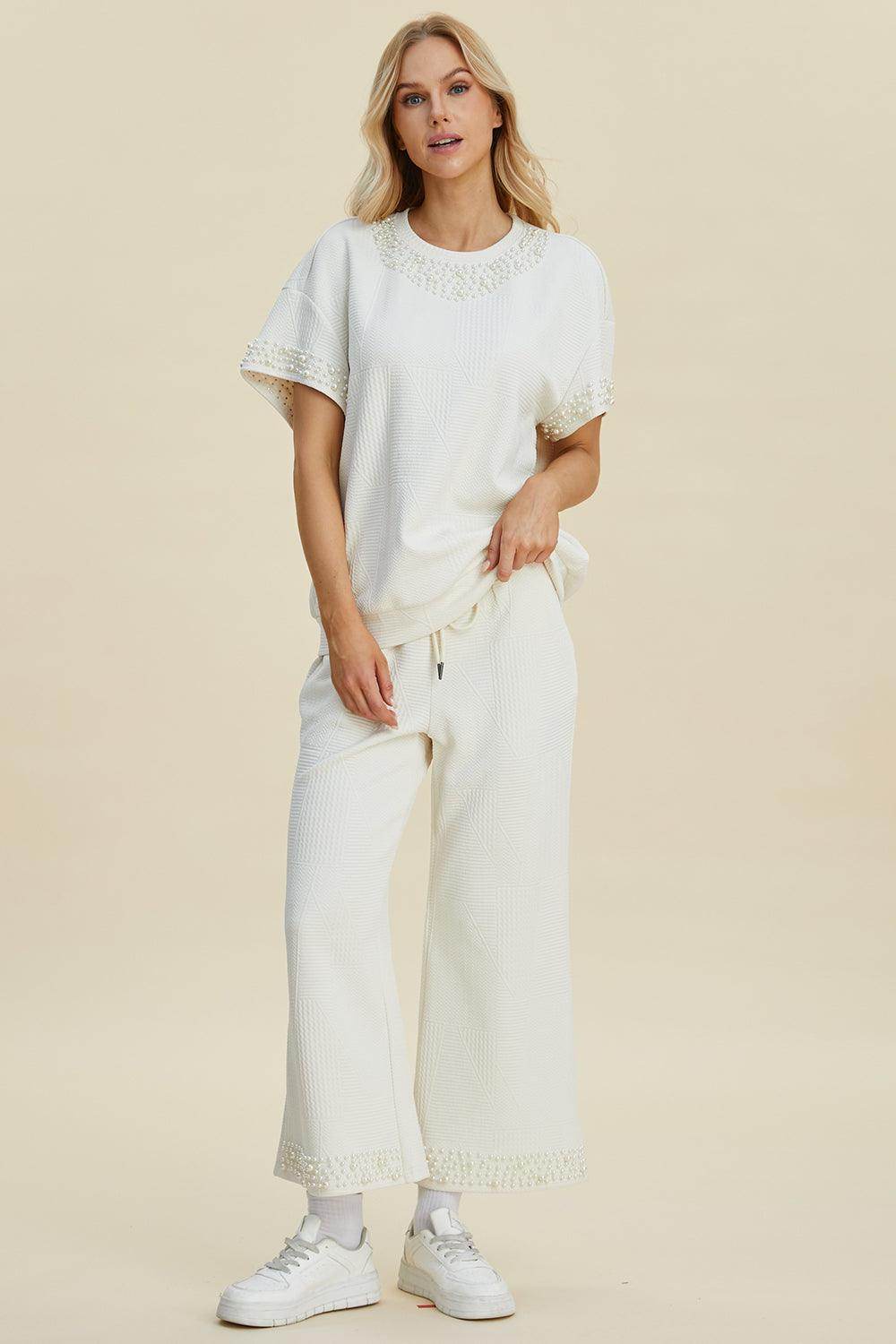 Double Take Full Size Pearl Detail Round Neck Top Pants Set
