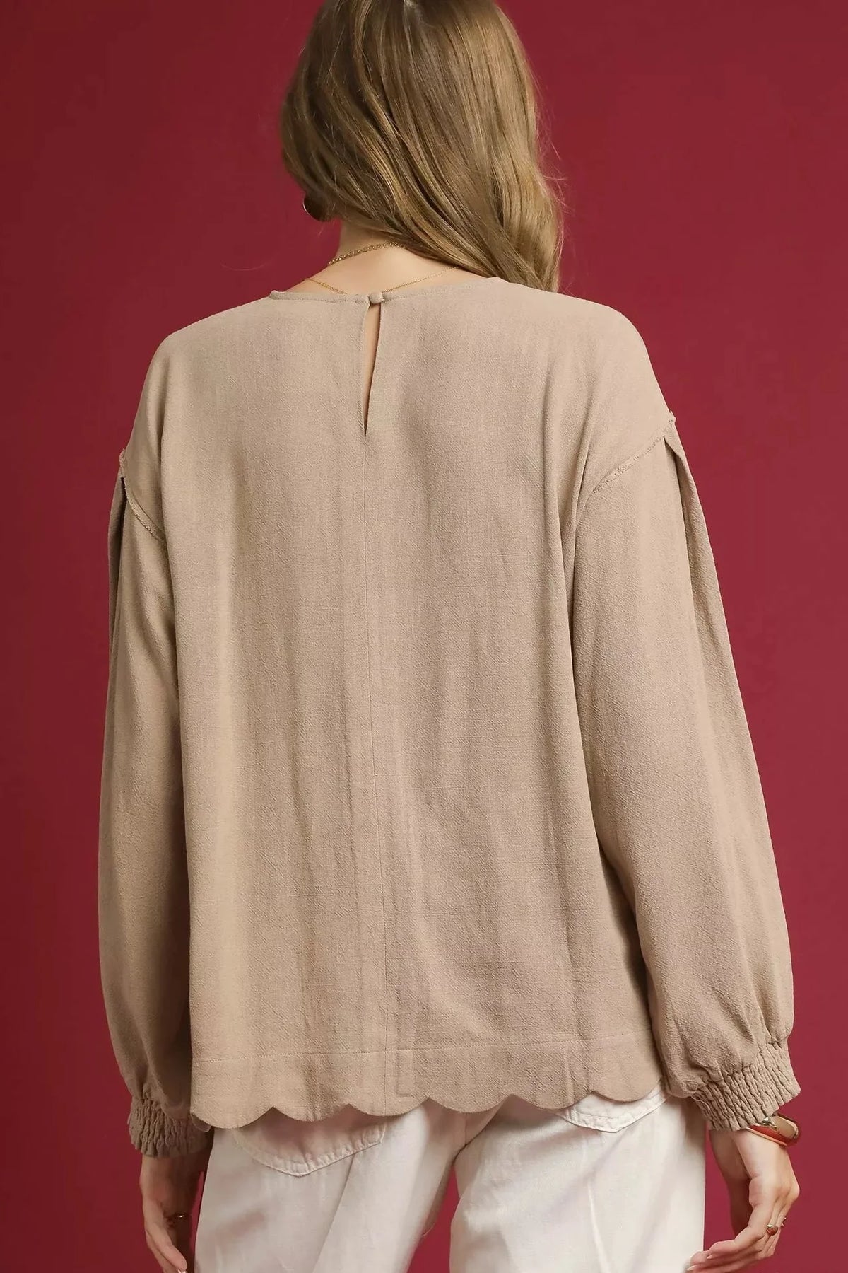 Umgee Linen Scallop Hem Long Sleeve Blouse | Fitiquefit