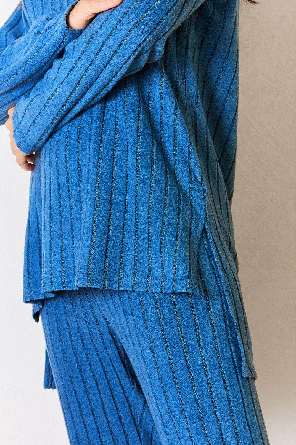 Basic Bae Full Size Ribbed Round Neck High-Low Slit Top Set