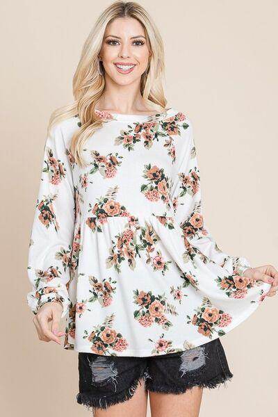 Super Lady Full Size Babydoll Floral Boat Neck Blouse