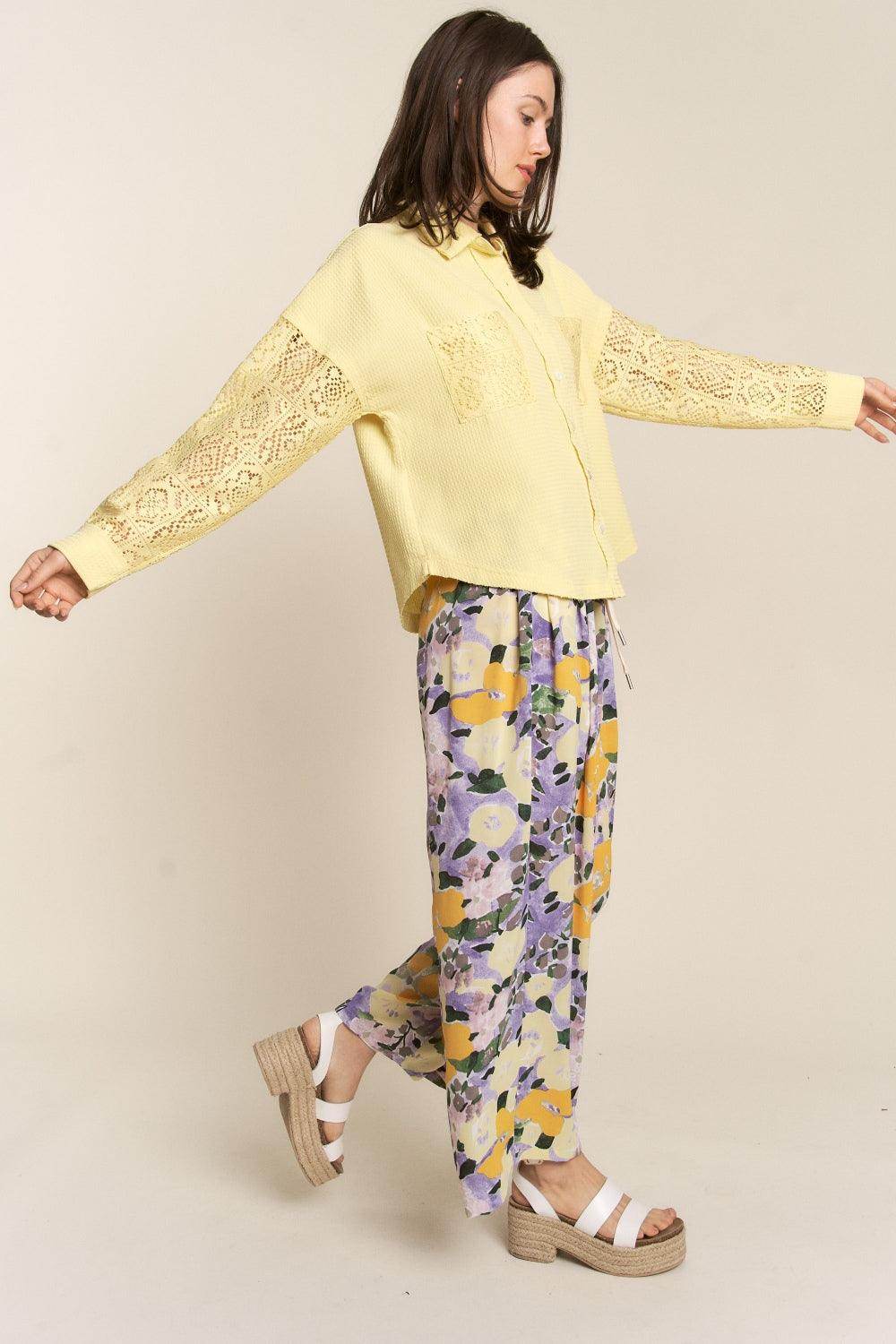 J.NNA Button Down Lace Long Sleeve Waffle Shirt for Women