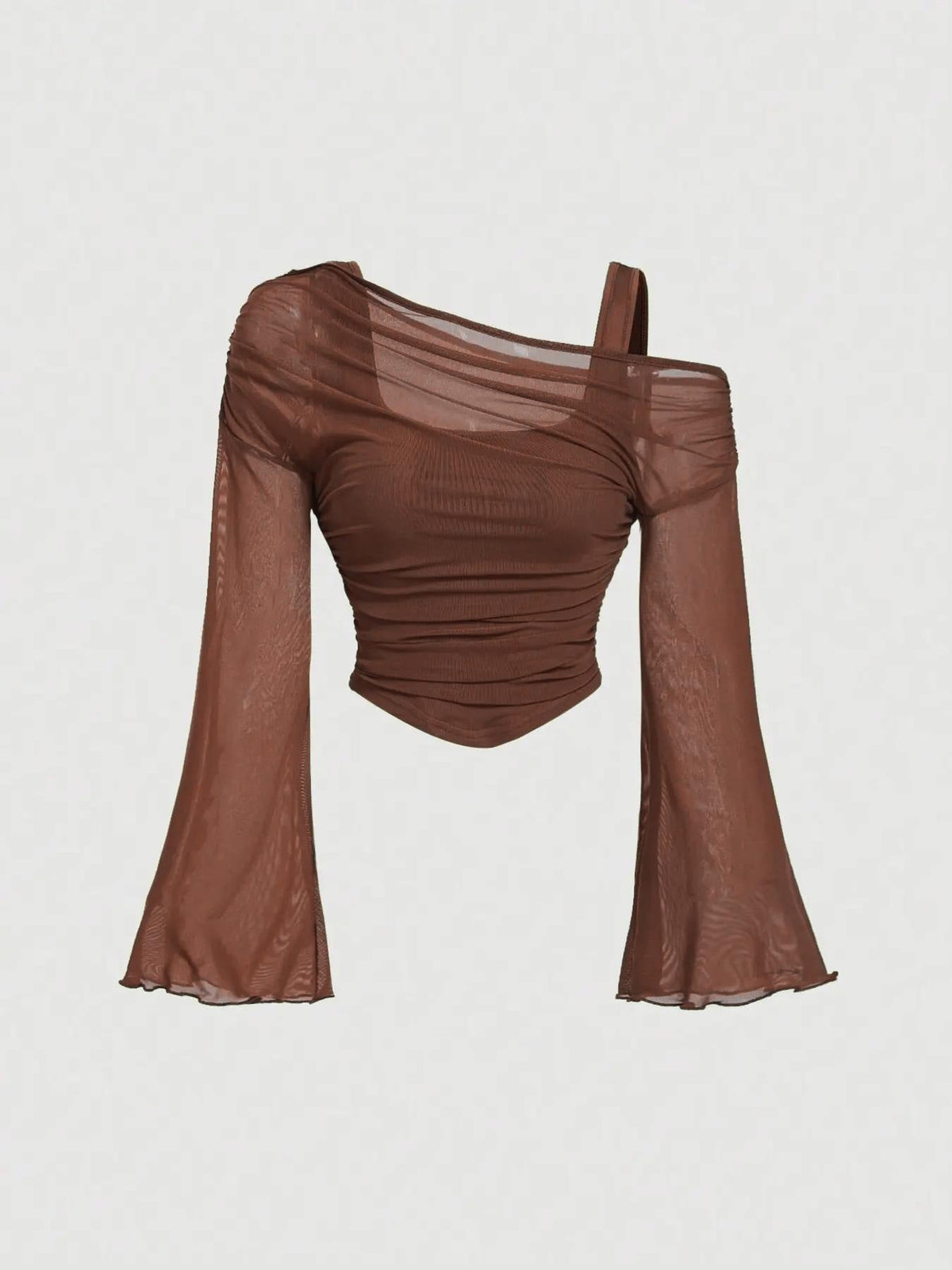 Women's Mesh Neck Pleated Long-Sleeve Top – Slim Fit Knit