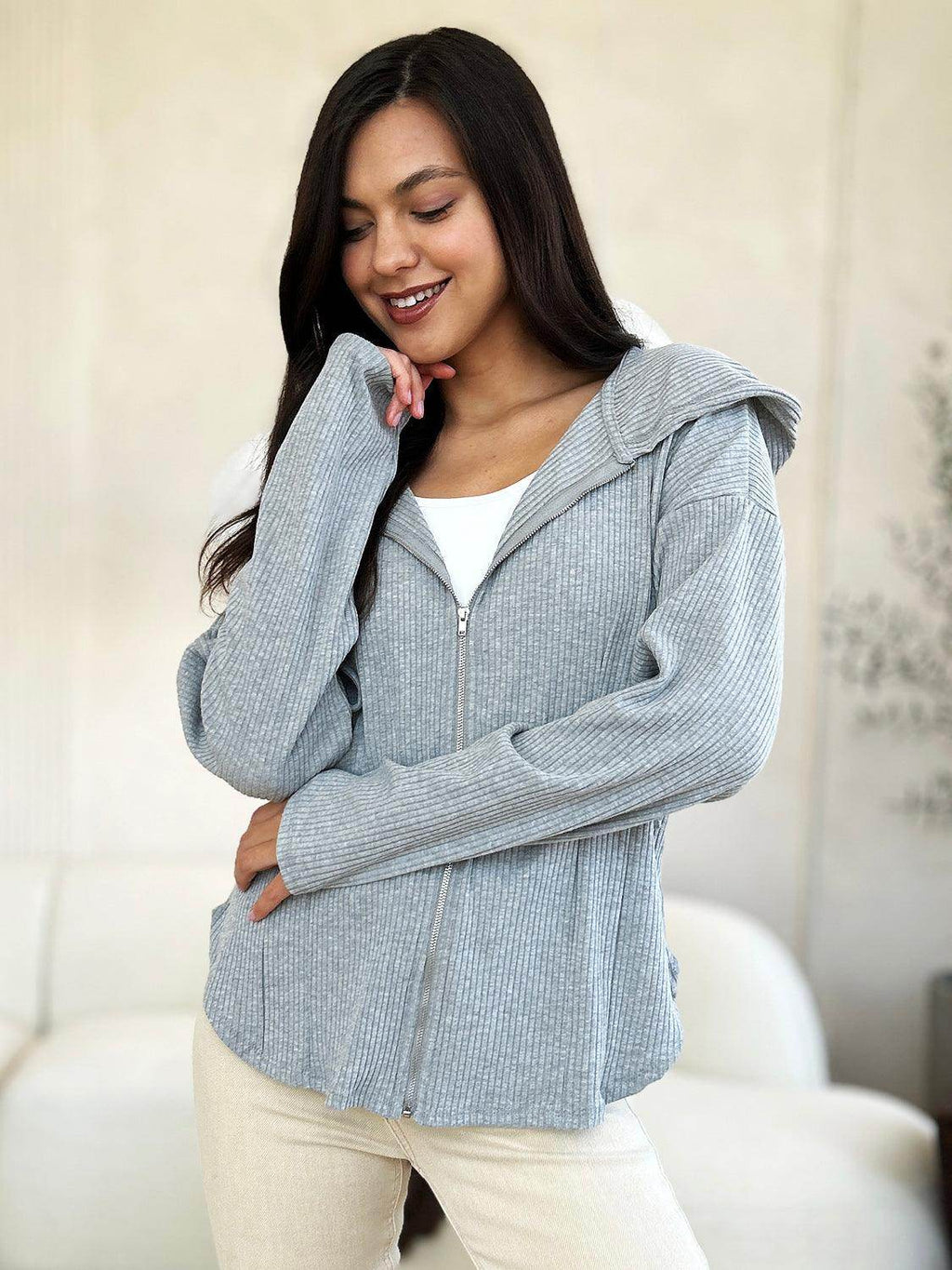 Culture Code Full Size Ribbed Zip Up Hooded Jacket