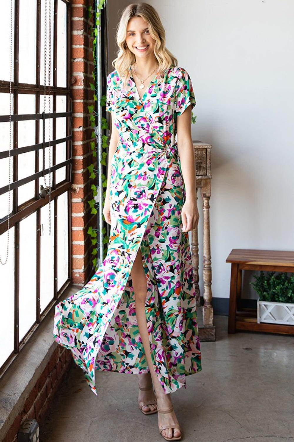 First Love Slit Printed Surplice Tie Waist Dress for Women