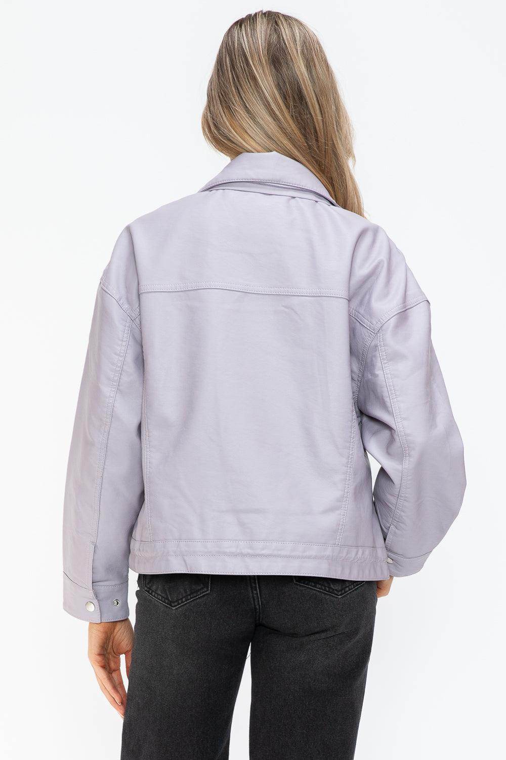How Dare U Drawstring Hem PU Leather Zip Up Jacket Women