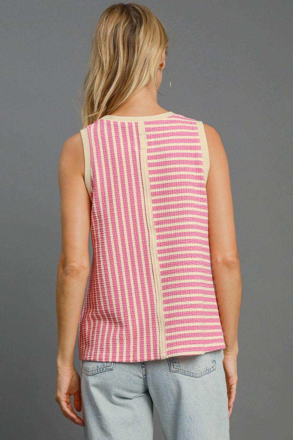 Umgee Round Neck Texture Striped Tank for Casual Style