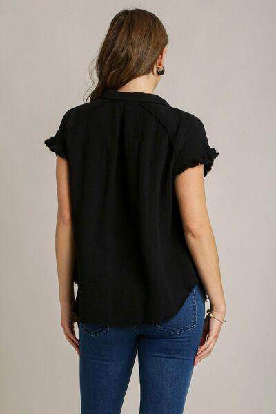 Umgee Full Size Frayed Hem Collared Neck Shirt Plus Size