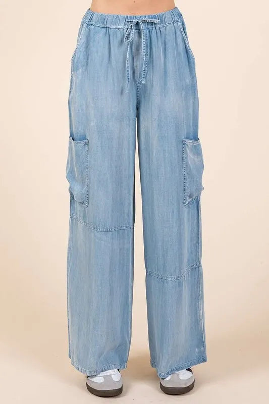 Mittoshop Washed Elastic Waist Cargo Wide Leg Pants
