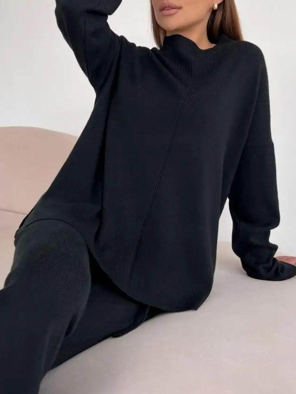 Slit Mock Neck Top and Pants Sweater Set for Women