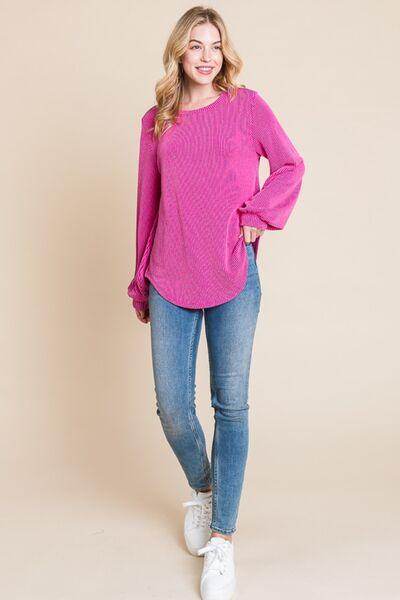 BOMBOM Long Sleeve Curved Hem Ribbed T-Shirt for Women