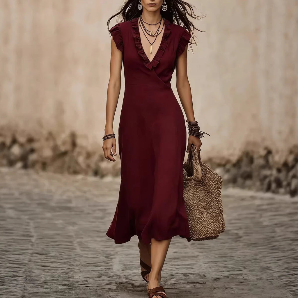 Women's V-Neck Flutter-Sleeve Ruffle-Trim Midi Dress