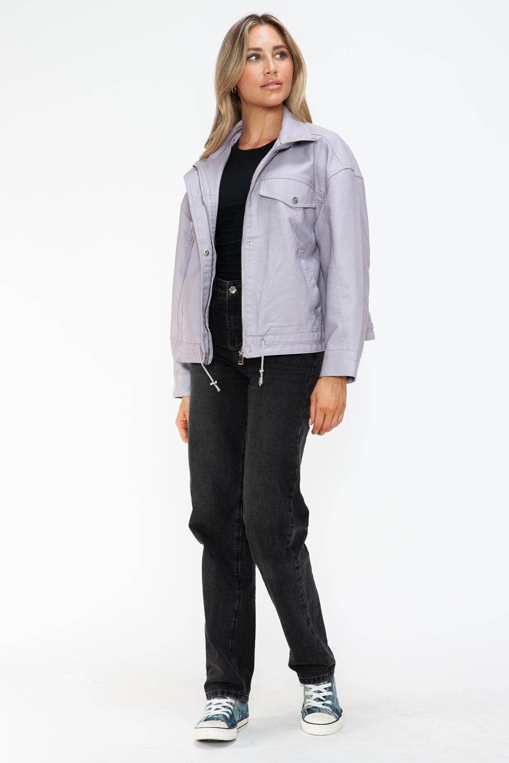 How Dare U Drawstring Hem PU Leather Zip Up Jacket Women