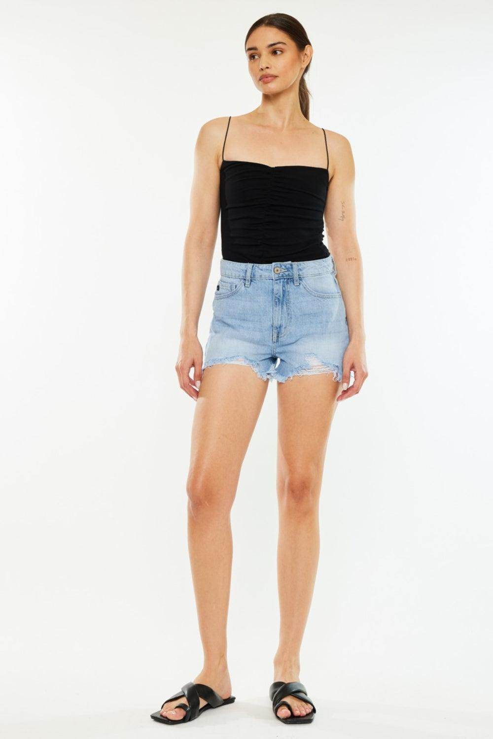 Kancan Raw Hem Distressed High Waist Denim Shorts Women
