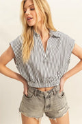 HYFVE Striped Elastic Hem Johnny Collar Cap Sleeve Blouse