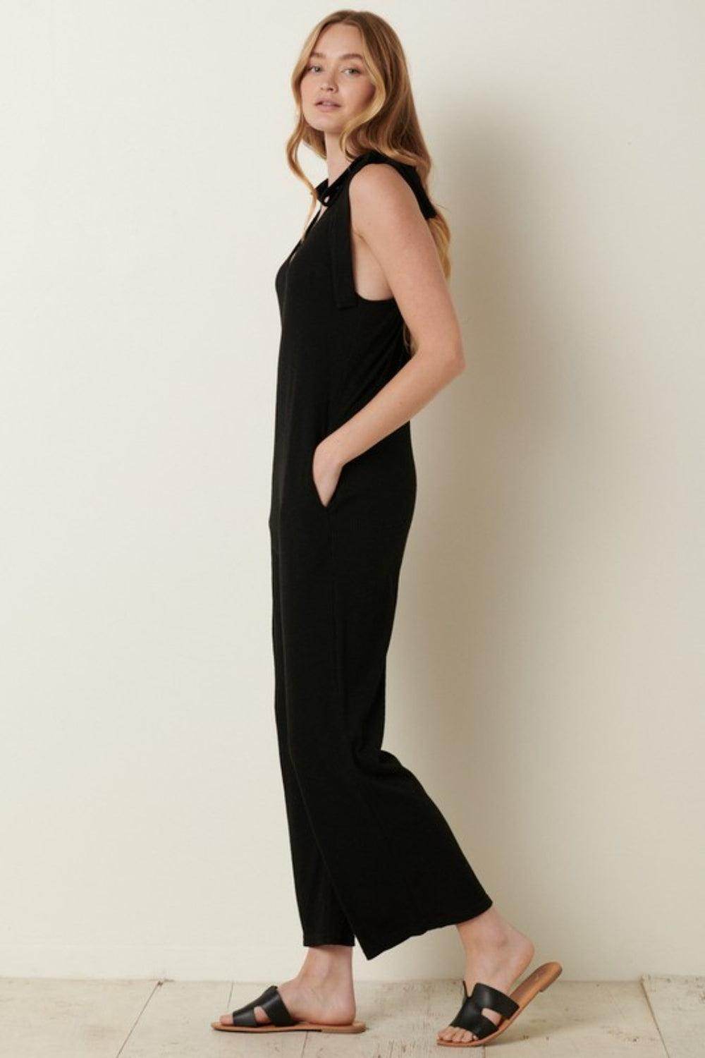 Mittoshop Rib Knit V-Neck Cross Back Jumpsuit for Women