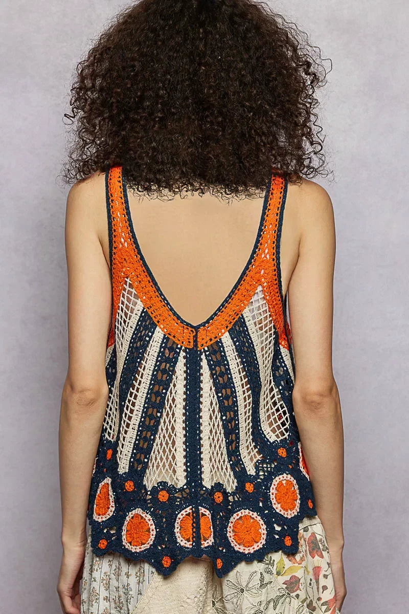 POL Openwork Stripe Pattern Flowy Tank with Scalloped Edge