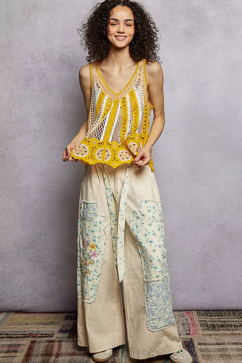POL Openwork Stripe Pattern Flowy Tank with Scalloped Edge