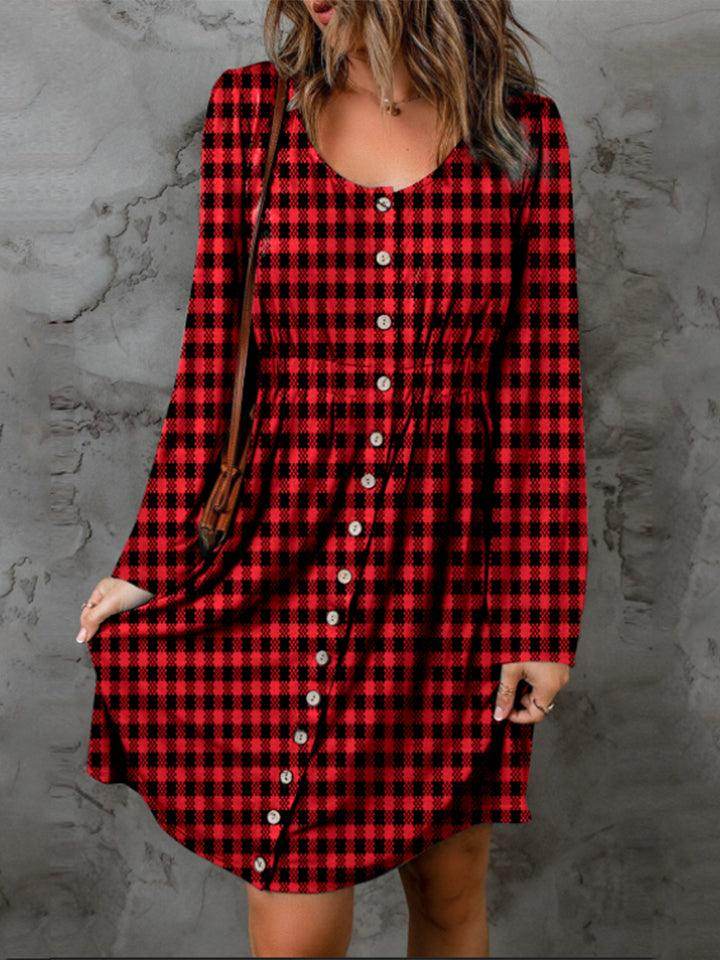 Over Size Plaid Round Neck Long Sleeve Dress For women
