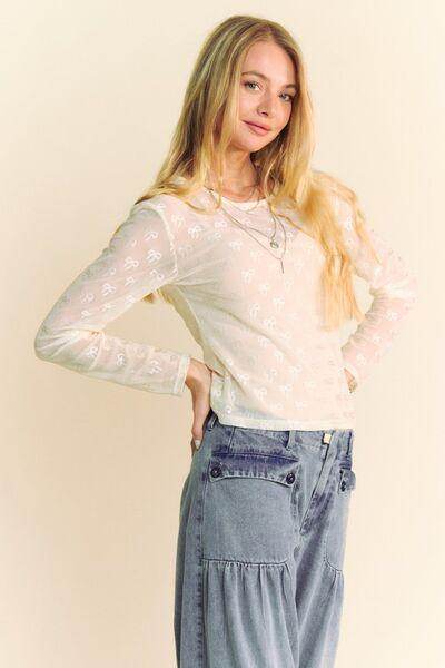 Davi & Dani Bow Mesh Round Neck Long Sleeve Top for Women
