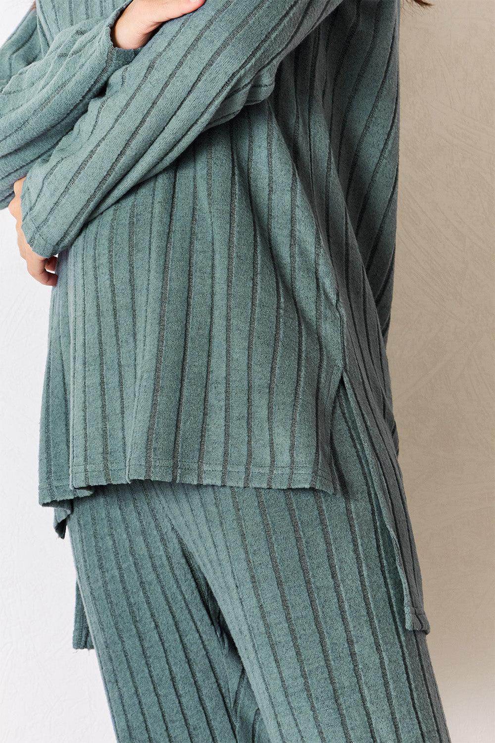 Basic Bae Full Size Ribbed Round Neck High-Low Slit Top Set