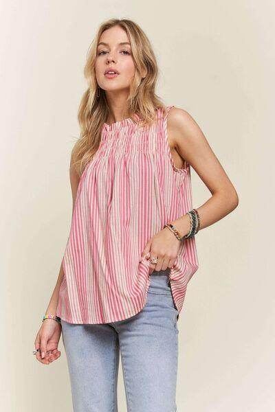 ADORA Contrast Striped Frill Round Neck Sleeveless Top for Women