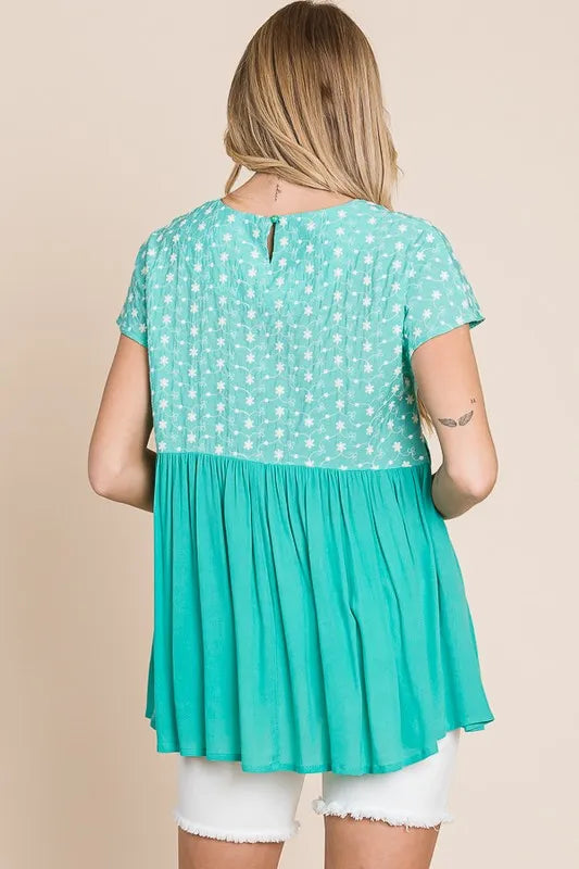 Lime 'N' Chili Full Size Embroidered Short Sleeve Pleated Babydoll Top Plus Size