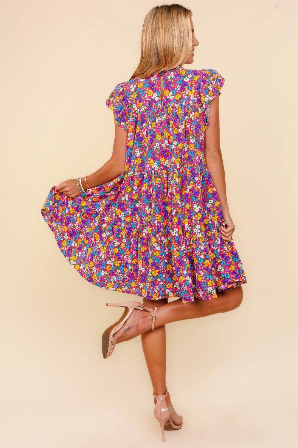 Haptics Frilled Mock Neck Ditsy Floral Dress for Women