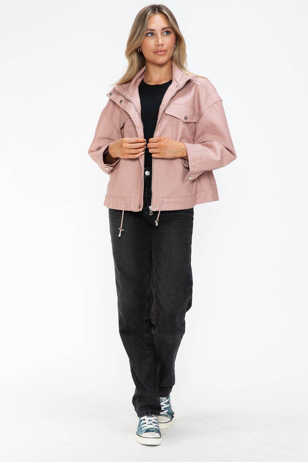 How Dare U Drawstring Hem PU Leather Zip Up Jacket for Women