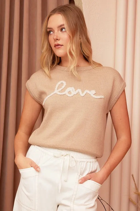 Mittoshop Contrast Letter Round Neck Cap Sleeve Knit Top
