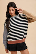 Annie Wear Striped Color Block Round Neck Sweater for Women