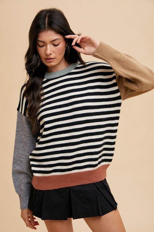 Annie Wear Striped Color Block Round Neck Sweater for Women
