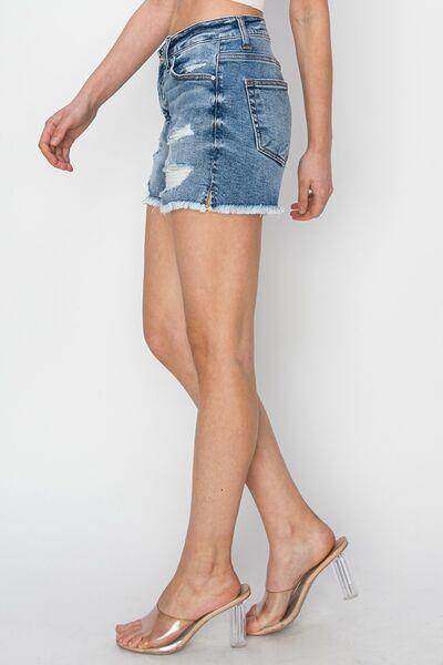 RISEN Stepped Waist Frayed Denim Shorts for Women