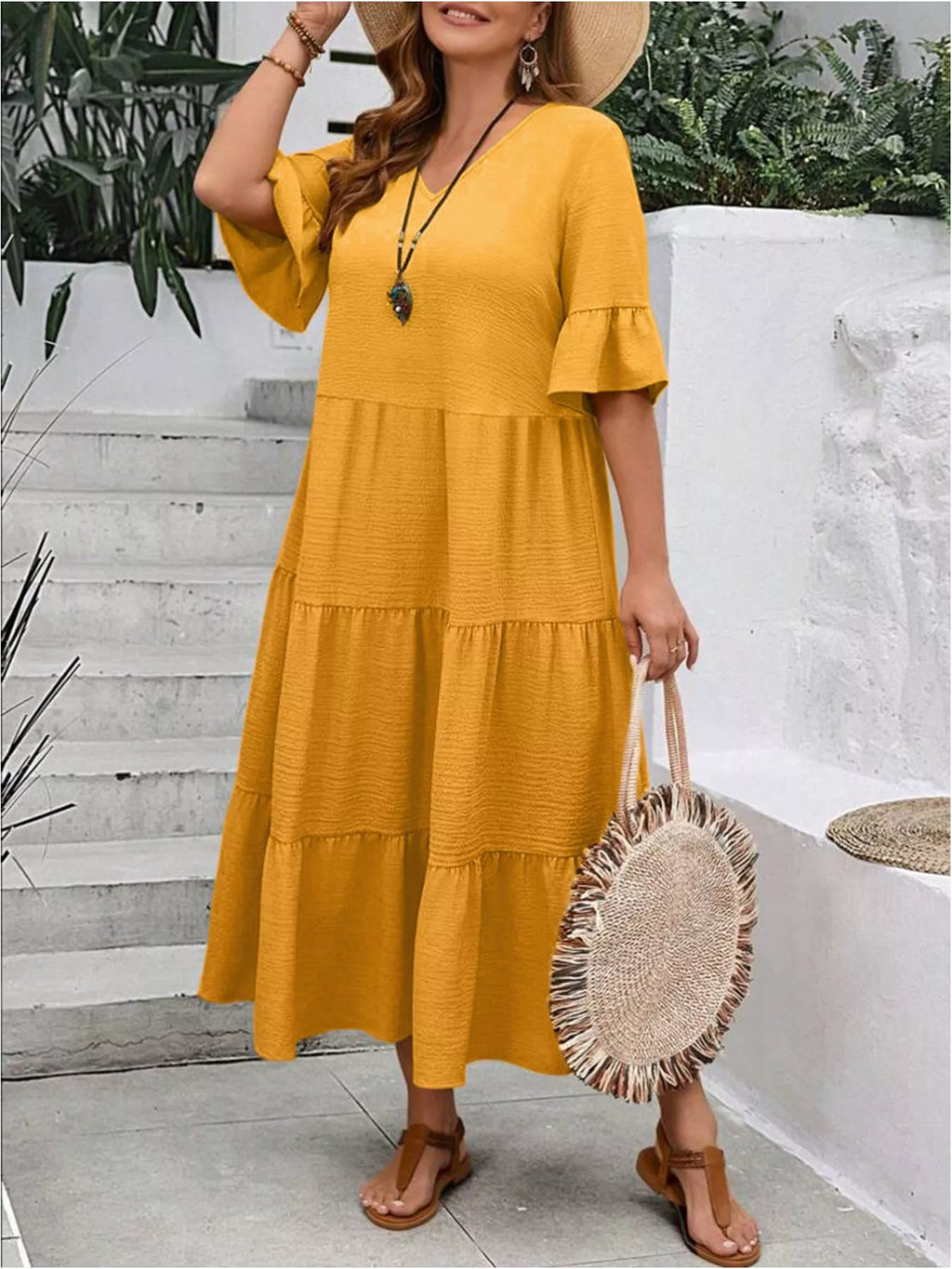 Ruffle Sleeves Tiered Midi Dress