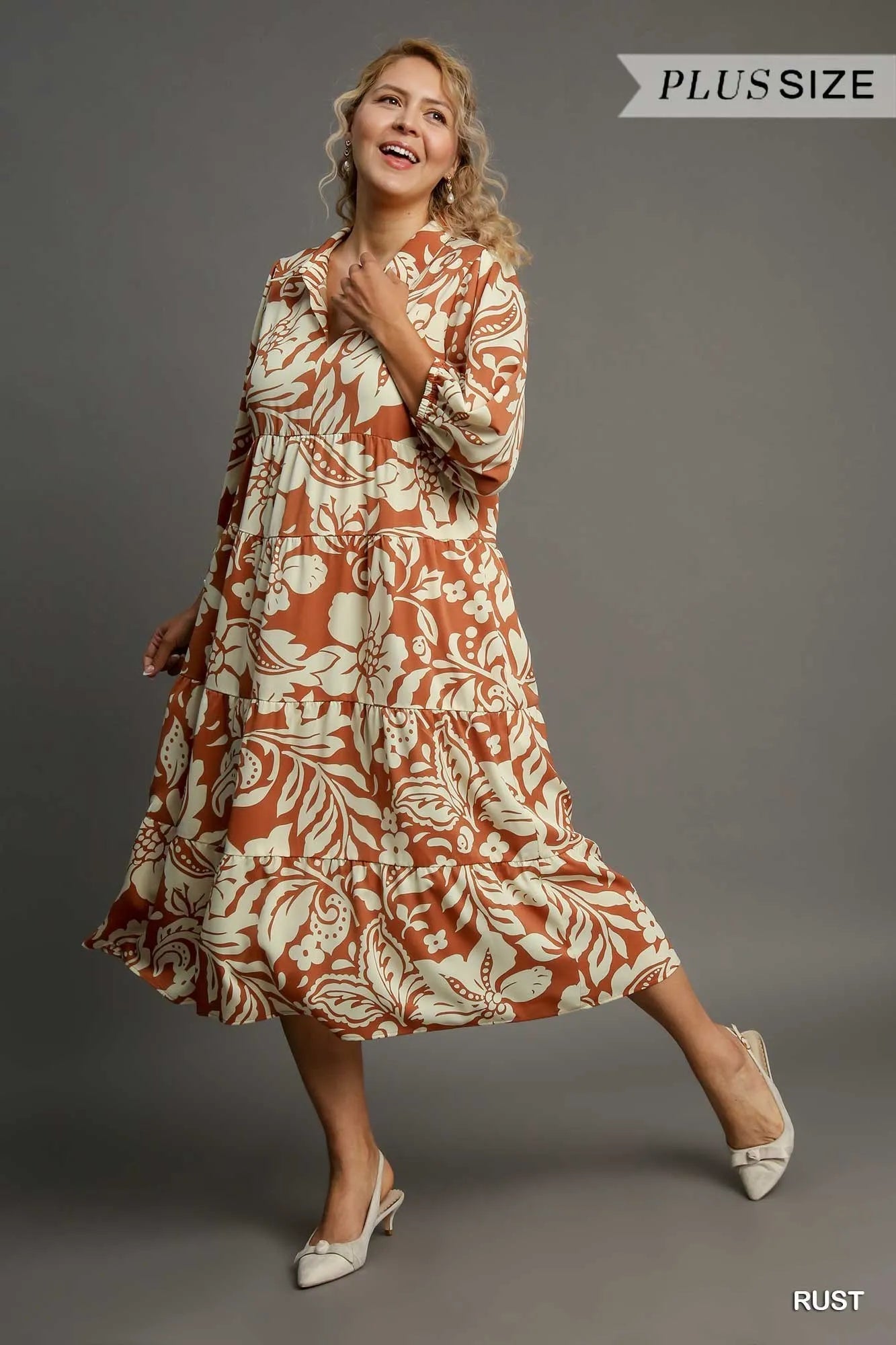 Full Size Floral Tiered Midi Shirt Dress Plus Size
